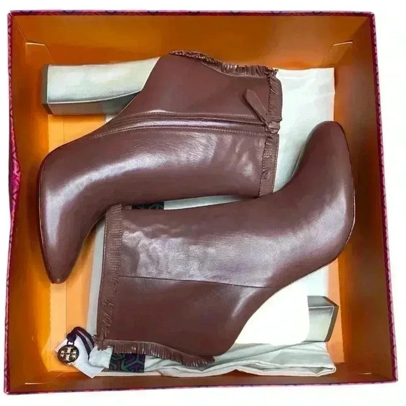 NIB Tory Burch Bandelier Fringe 110mm Bootie Size 8 in Cognac Cream - Picture 10 of 11